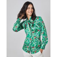 & & Gold Print Fitted Satin Blouse Single Cuff Pussy Bow