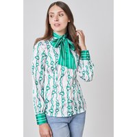 & & Green Chain Stripe Fitted Pussybow Blouse