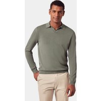 & Slim Fit Dark Sage Open Collar Knitted Polo Shirt Long Sleeve