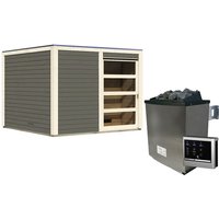 KARIBU Saunahaus »Kandau«, BxTxH: 276 x 276 x 210 cm, 9 kW Ofen mit ext. Steuerung – grau KARIBU Saunahaus »Kandau«, BxTxH: 276 x 276 x 210 cm, 9 kW Ofen mit ext. Steuerung – grau