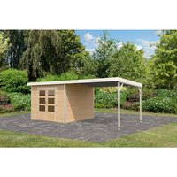 KARIBU Gartenhaus »Haby A«, Außenmaß (BxHxT): 574 x 218,5 x 271 cm, naturbelassen/weiß, Anbaudach 3m - braun |  Holz  |  7 m² KARIBU Gartenhaus »Haby A«, Außenmaß (BxHxT): 574 x 218,5 x 271 cm, naturbelassen/weiß, Anbaudach 3m - braun |  Holz  |  7 m²