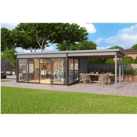 LASITA MAJA Blockbohlenhaus | Gartenhaus aus Holz | Fertighaus »Domeo«, BxHxT: 300 x 239,4 x 418 cm (Außenmaß), grau LASITA MAJA Blockbohlenhaus | Gartenhaus aus Holz | Fertighaus »Domeo«, BxHxT: 300 x 239,4 x 418 cm (Außenmaß), grau