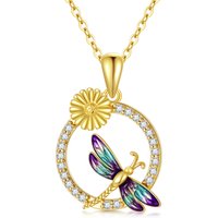 14K Gold Circular Shaped Cubic Zirconia Dragonfly & Daisy Pendant Necklace