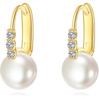 14K Gold Pearl Round Hoop Earrings