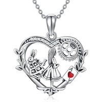 Sterling Silver Cubic Zirconia Alice In The Wonderland & Heart Pendant Necklace