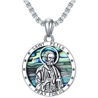 Sterling Silver Circular Shaped Abalone Shellfish Saint Peter Pendant Necklace with Engraved Word for Men