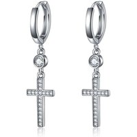 Sterling Silver Circular Shaped Cubic Zirconia Cross Drop Earrings