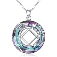 Sterling Silver Circular Shaped Narcotics Anonymous & Square Crystal Pendant Necklace