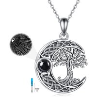 Sterling Silver Circular Projection Stone Tree Of Life & Celtic Knot & Moon Engraved Word Urn Necklace For Ashes For Women Best Friends