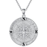 Sterling Silver Cubic Zirconia Compass Pendant Necklace for Men