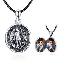 Sterling Silver Saint Michael Personalized Photo Locket Necklace With Engraved Word For Man