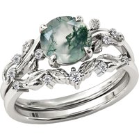 Sterling Silver with Rose Gold Plated Round Ivy Moss Agate Engagement Ring Set