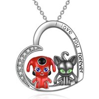 Sterling Silver Two-tone Circular Shaped Cubic Zirconia Heart & Miraculous Ladybug And Cat Noir Pendant Necklace with Engraved Word