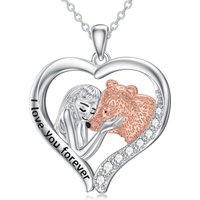 Sterling Silver Two-tone Zircon Bear Pendant Necklace with Engraved Word