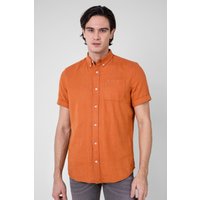Enorsia Mens Orange Cotton Linen Roll-Up Sleeve Shirt - UK L
