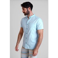 Enorsia Mens Sky Blue Cotton Linen Grandad Collar Shirt - UK S