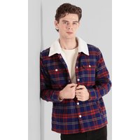 Enorsia Mens Navy Tartan Check Borg Lined Cotton Shacket - UK L