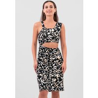Enorsia Women's Black Printed Midi Dress with Cut-Out Detail - UK 18