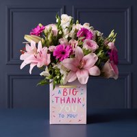 Moonpig Flowers Pink Rose, Lily And Cerise Germini Bouquet With Thank You Gift Bag