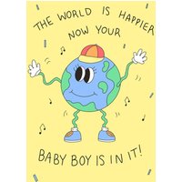 Moonpig Aleisha Earp Illustration Of The World Smiling And Dancing To Music New Baby Boy Card