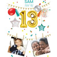 Moonpig Party Themed Display Of Balloons With Two Photo Uploads Thirteenth Birthday Card