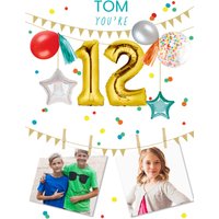 Moonpig Party Themed Display Of Balloons With Two Photo Uploads Twelfth Birthday Card