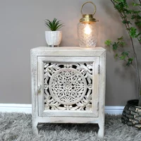View Bedside cabinet - 1 door - white washed carved mango wood - small View Bedside cabinet - 1 door - white washed carved mango wood - small