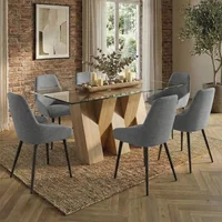 Click to view product details and reviews for Newton Dining Set 6 Seater 180cm Clear Glass And Natural 6 Claflin Grey Fabric Chair. Click to view product details and reviews for Newton Dining Set 6 Seater 180cm Clear Glass And Natural 6 Claflin Grey Fabric Chair.