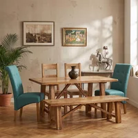 View Odisha dining set - 6 seater - with 2 wooden and 2 fabric chairs and bench - solid mango wood View Odisha dining set - 6 seater - with 2 wooden and 2 fabric chairs and bench - solid mango wood