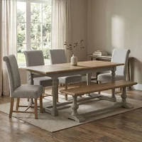 View Chateau extending dining set - 200cm-250cm - 8-10 seater - grey painted - pine - 4 fabric chairs - 1 bench View Chateau extending dining set - 200cm-250cm - 8-10 seater - grey painted - pine - 4 fabric chairs - 1 bench