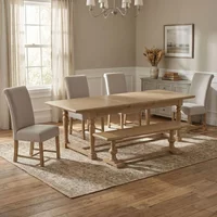 View Chateau extending dining set - 200cm-250cm - 8-10 seater - natural - rustic pine - 4 fabric chairs - 1 bench View Chateau extending dining set - 200cm-250cm - 8-10 seater - natural - rustic pine - 4 fabric chairs - 1 bench