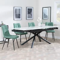 View Apollo extending dining set - 6-8 seater - 160cm-220cm - white ceramic - corona dining chair - green fabric View Apollo extending dining set - 6-8 seater - 160cm-220cm - white ceramic - corona dining chair - green fabric