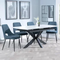 View Bari extending dining set - 6-8 seater - 140cm-180cm - white ceramic - peyton dining chair - blue fabric View Bari extending dining set - 6-8 seater - 140cm-180cm - white ceramic - peyton dining chair - blue fabric