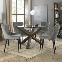 Click to view product details and reviews for Turin Glass Round Dining Table 4 Seater 120cm Dark Oak Legs 4 Cezanne Grey Velvet Chairs Black Legs. Click to view product details and reviews for Turin Glass Round Dining Table 4 Seater 120cm Dark Oak Legs 4 Cezanne Grey Velvet Chairs Black Legs.
