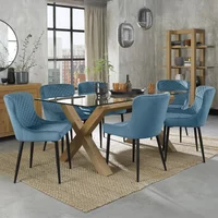 Click to view product details and reviews for Turin Glass Dining Table Set 6 Seater 180cm Light Oak Legs 6 Cezanne Petrol Blue Velvet Chairs Black Legs. Click to view product details and reviews for Turin Glass Dining Table Set 6 Seater 180cm Light Oak Legs 6 Cezanne Petrol Blue Velvet Chairs Black Legs.