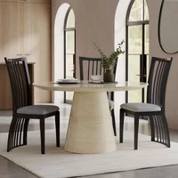 View Carrera dining set - 4 seater - 130cm - round - travertine beige marble - 4x athena dining chairs - black high gloss - grey seat pads View Carrera dining set - 4 seater - 130cm - round - travertine beige marble - 4x athena dining chairs - black high gloss - grey seat pads