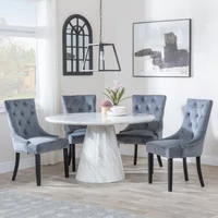 View Carrera dining set - 4 seater - 130cm - round - white marble - 4x knocker back dining chairs - grey velvet fabric - black wooden legs View Carrera dining set - 4 seater - 130cm - round - white marble - 4x knocker back dining chairs - grey velvet fabric - black wooden legs
