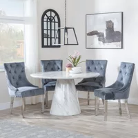 View Carrera dining set - 4 seater - 130cm - round - white marble - 4x knocker back dining chairs - grey velvet fabric - chrome legs View Carrera dining set - 4 seater - 130cm - round - white marble - 4x knocker back dining chairs - grey velvet fabric - chrome legs