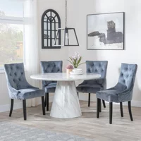 View Carrera dining set - 4 seater - 130cm - round - white marble - 4x lion knocker back dining chairs - grey velvet fabric - black wooden legs View Carrera dining set - 4 seater - 130cm - round - white marble - 4x lion knocker back dining chairs - grey velvet fabric - black wooden legs