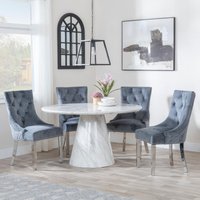 View Carrera dining set - 4 seater - 130cm - round - white marble - 4x lion knocker back dining chairs - grey velvet fabric - chrome legs View Carrera dining set - 4 seater - 130cm - round - white marble - 4x lion knocker back dining chairs - grey velvet fabric - chrome legs