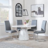 View Carrera dining set - 4 seater - 130cm - round - white marble - 4x roma dining chairs - grey faux leather View Carrera dining set - 4 seater - 130cm - round - white marble - 4x roma dining chairs - grey faux leather