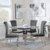 View Louis dining set - 4 seater - 100cm - square - grey marble & chrome - 4x dining chairs - grey velvet fabric View Louis dining set - 4 seater - 100cm - square - grey marble & chrome - 4x dining chairs - grey velvet fabric