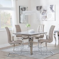 View Louis dining set - 4 seater - 100cm - square - grey marble & chrome - 4x jamison dining chairs - beige faux leather View Louis dining set - 4 seater - 100cm - square - grey marble & chrome - 4x jamison dining chairs - beige faux leather