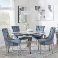 View Louis dining set - 4 seater - 100cm - square - grey marble & chrome - 4x knocker back dining chairs - grey velvet fabric - chrome legs View Louis dining set - 4 seater - 100cm - square - grey marble & chrome - 4x knocker back dining chairs - grey velvet fabric - chrome legs