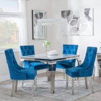View Louis dining set - 4 seater - 100cm - square - grey marble & chrome - 4x lion knocker back dining chairs - blue velvet fabric - chrome legs View Louis dining set - 4 seater - 100cm - square - grey marble & chrome - 4x lion knocker back dining chairs - blue velvet fabric - chrome legs