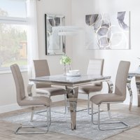View Louis dining set - 4 seater - 100cm - square - grey marble & chrome - 4x roma dining chairs - beige faux leather View Louis dining set - 4 seater - 100cm - square - grey marble & chrome - 4x roma dining chairs - beige faux leather