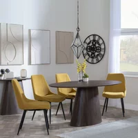 View Palma dining set - 6 seater - 180cm - oval - walnut - darwin dining chairs - yellow fabric View Palma dining set - 6 seater - 180cm - oval - walnut - darwin dining chairs - yellow fabric