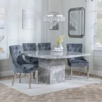 View Clearance - turin dining set - 8 seater - 140cm - square - grey marble - knocker back dining chairs - grey velvet fabric - chrome legs View Clearance - turin dining set - 8 seater - 140cm - square - grey marble - knocker back dining chairs - grey velvet fabric - chrome legs