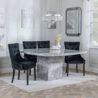 View Turin dining set - 8 seater - 140cm - square - grey marble - lion knocker back dining chairs - black velvet fabric - black wooden legs View Turin dining set - 8 seater - 140cm - square - grey marble - lion knocker back dining chairs - black velvet fabric - black wooden legs