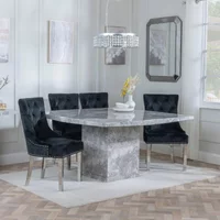 View Clearance - turin dining set - 8 seater - 140cm - square - grey marble - lion knocker back dining chairs - black velvet fabric - chrome legs View Clearance - turin dining set - 8 seater - 140cm - square - grey marble - lion knocker back dining chairs - black velvet fabric - chrome legs